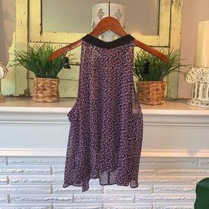 BCBGeneration Purple Black Sheer Floral High Neck Blouse Tie Back NEW M
